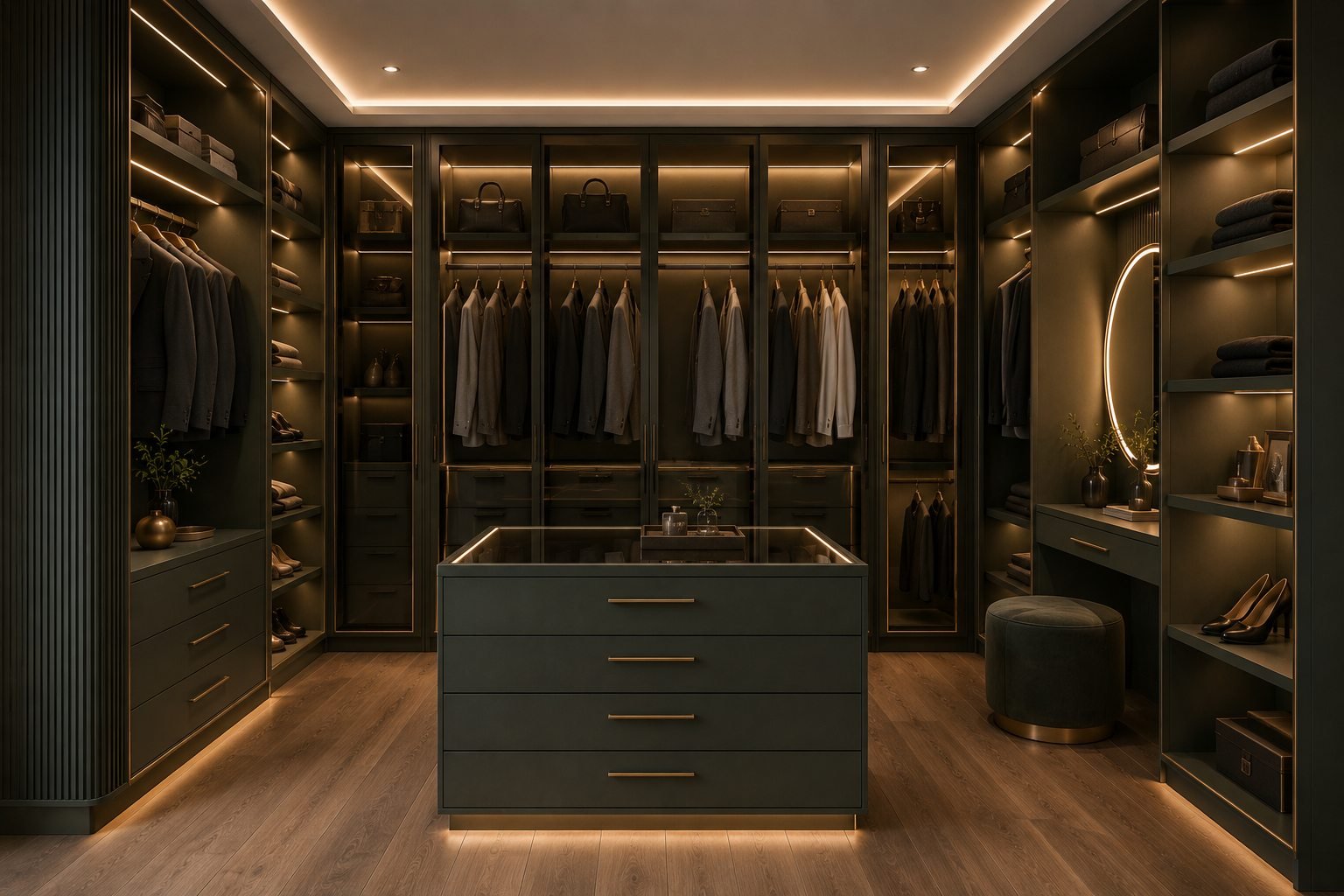 Closet em marcenaria verde escura com puxadores dourados, iluminação embutida nas prateleiras, ilha central com gavetas e penteadeira com espelho circular.