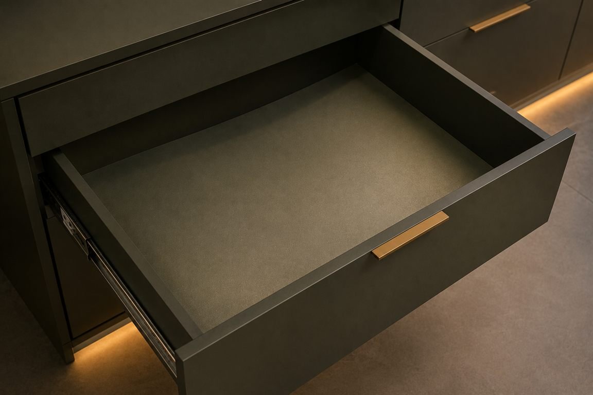 Interior de uma gaveta com fundo de 6 mm: a chapa cede no centro e forma uma barriga suave em vez de ficar plana.