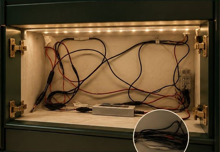 Interior de armário com a fiação de LED solta e emaranhada sobre a base.