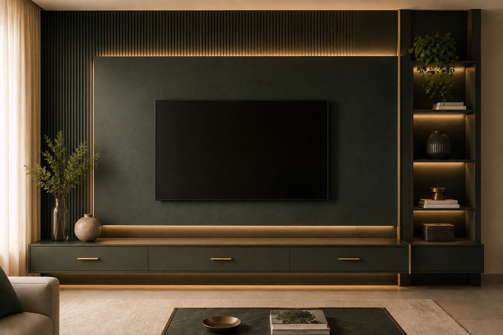 Painel de home theater em marcenaria verde escura com ripado vertical, filetes dourados, iluminação embutida e nicho lateral iluminado.